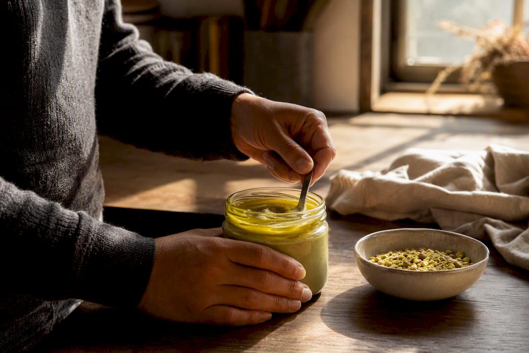 Unas manos removiendo crema de pistacho separada en un tarro