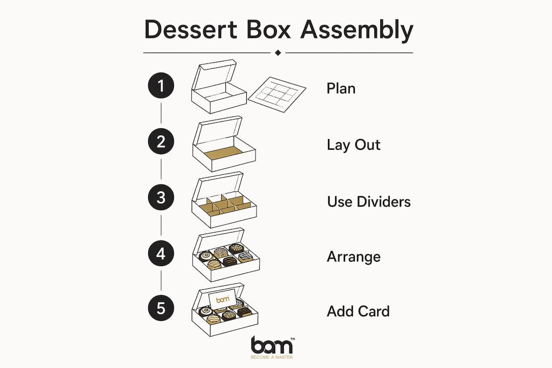 Infografía de los pasos para montar una caja de postres