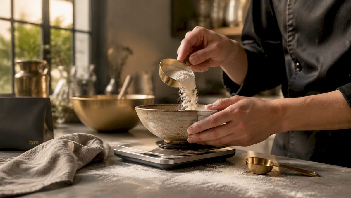 Manos utilizando una báscula de cocina digital para pesar harina