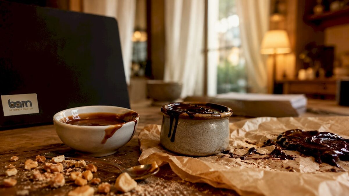 Primer plano de la ganache de chocolate y las salsas de caramelo