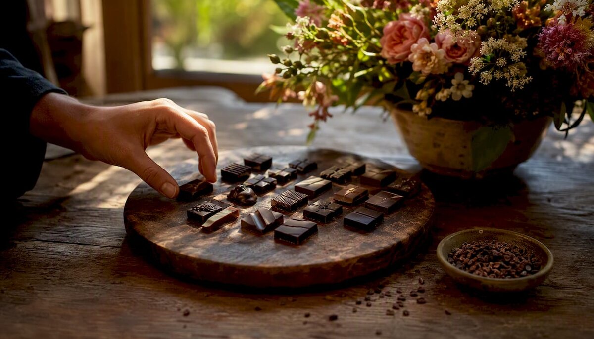 Surtido de muestras de chocolate artesanal en una tabla de pizarra