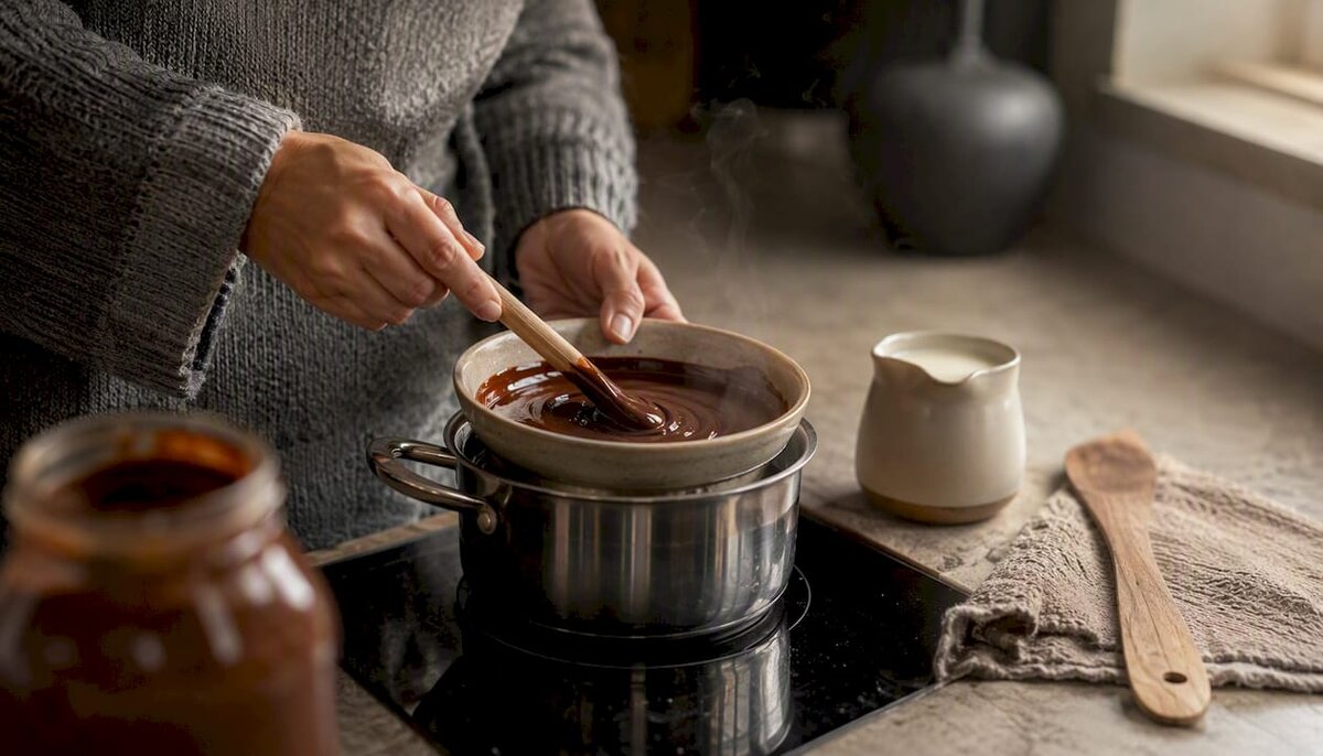 Remover la ganache de crema de nussnougat al baño María