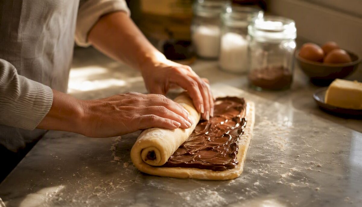Manos amasando masa de brioche rellena de crema de nussnougat