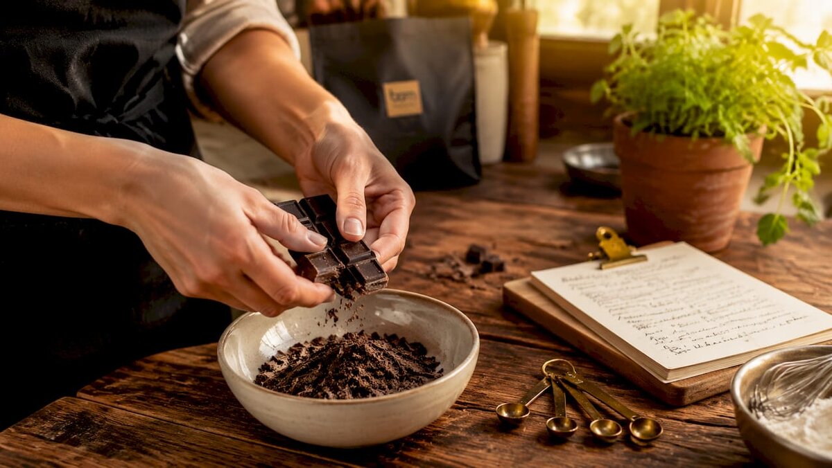 Manos que sostienen una tableta de chocolate para repostería sin azúcar