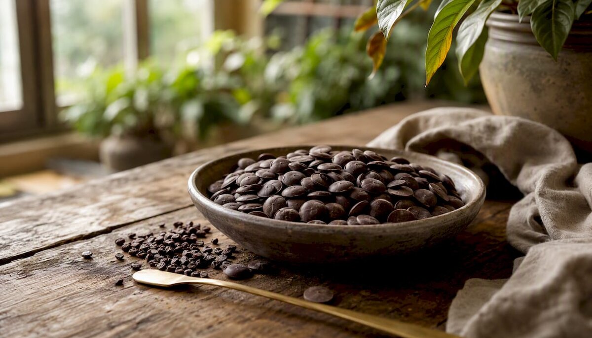 Un cuenco con bombones de chocolate sin azúcar sobre la encimera de la cocina