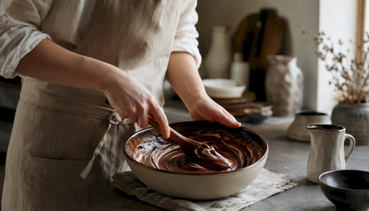 Unas manos removiendo una ganache de chocolate sin azúcar en un bol