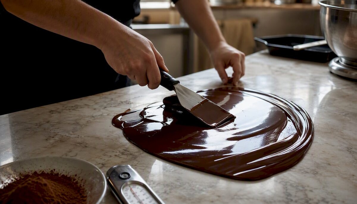 Manos alisando chocolate negro templado