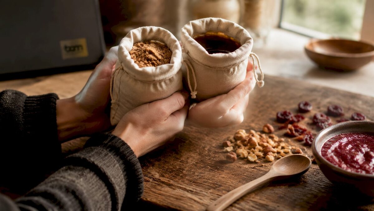 Primer plano de los ingredientes de las alternativas al chocolate sobre madera