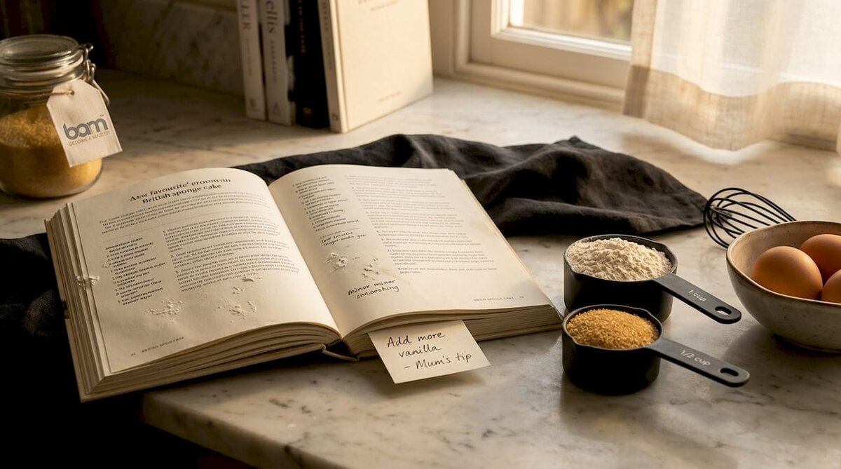 Libro de recetas de repostería abierto con los ingredientes a mano