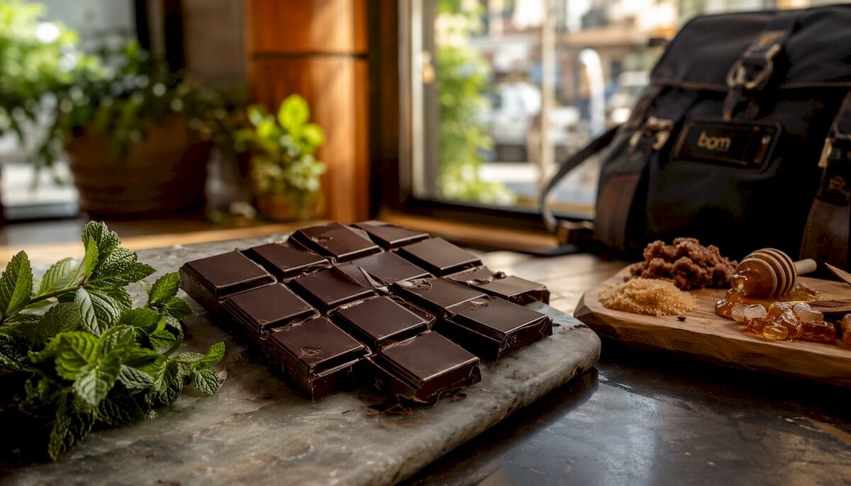 Cuadraditos de chocolate negro con alto contenido en cacao, en primer plano