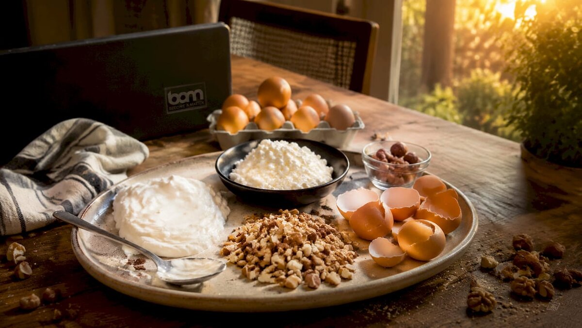Primer plano de los ingredientes de un postre proteico en un plato