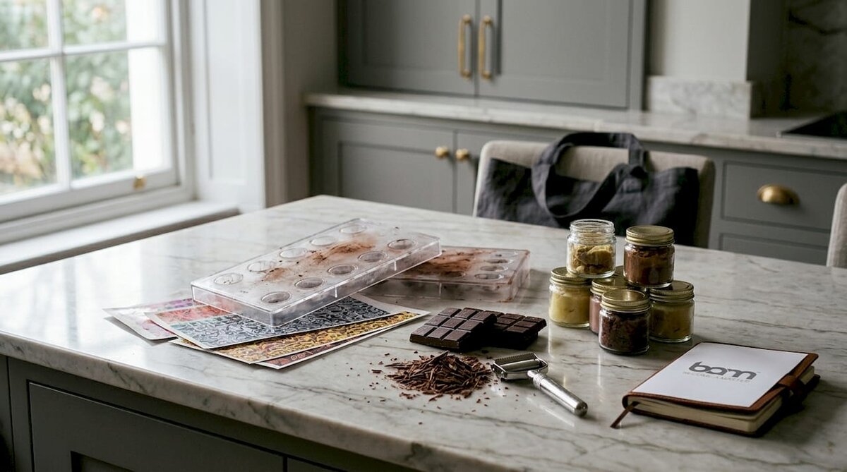 Accesorios de chocolate variados dispuestos sobre la mesa
