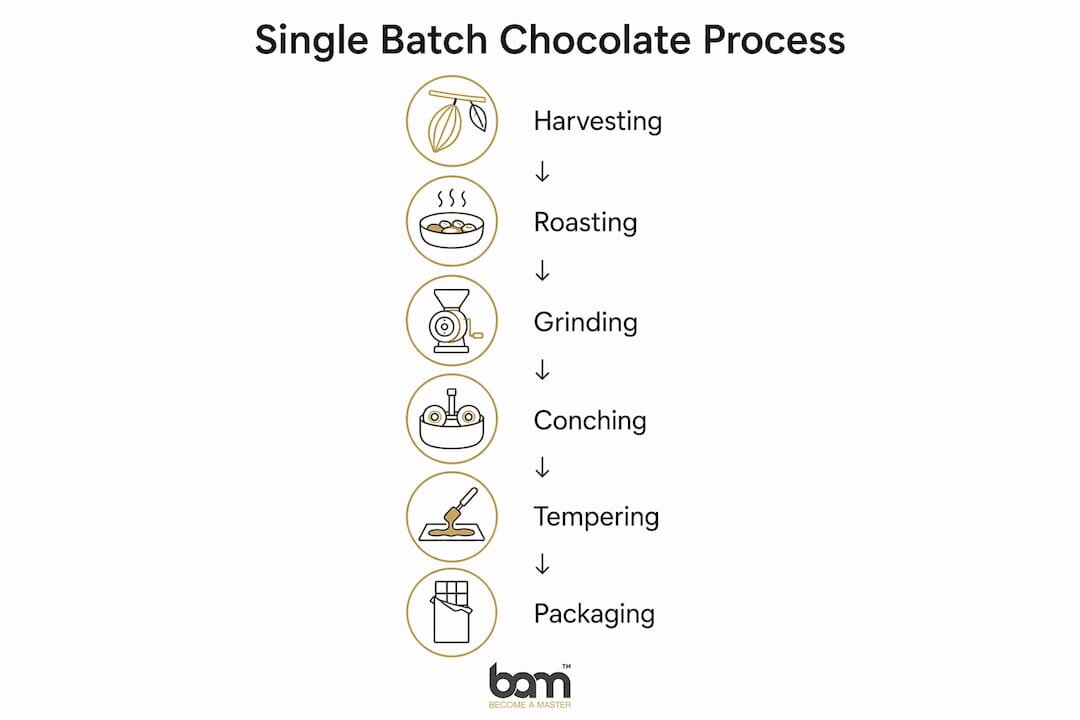 Infografía que ilustra las etapas de la elaboración de chocolate en un solo lote