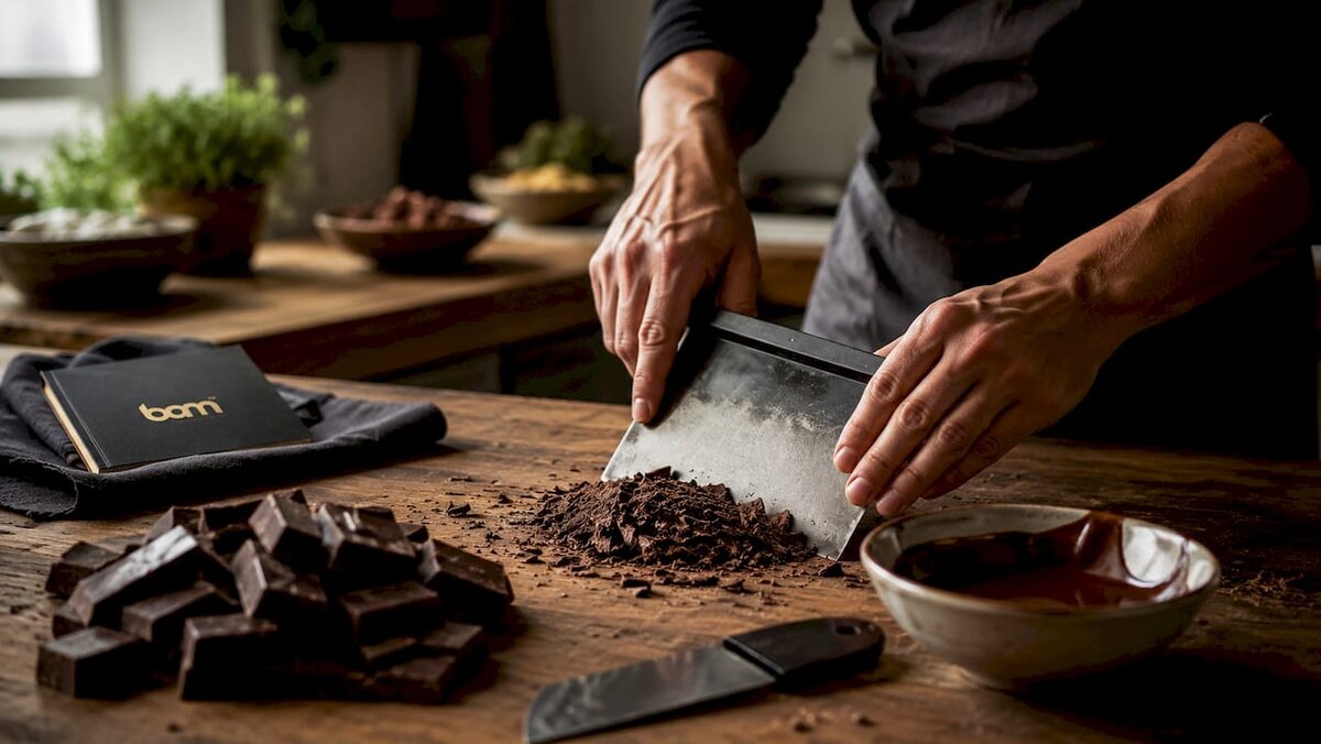 Baker templa trozos de chocolate en pequeñas cantidades