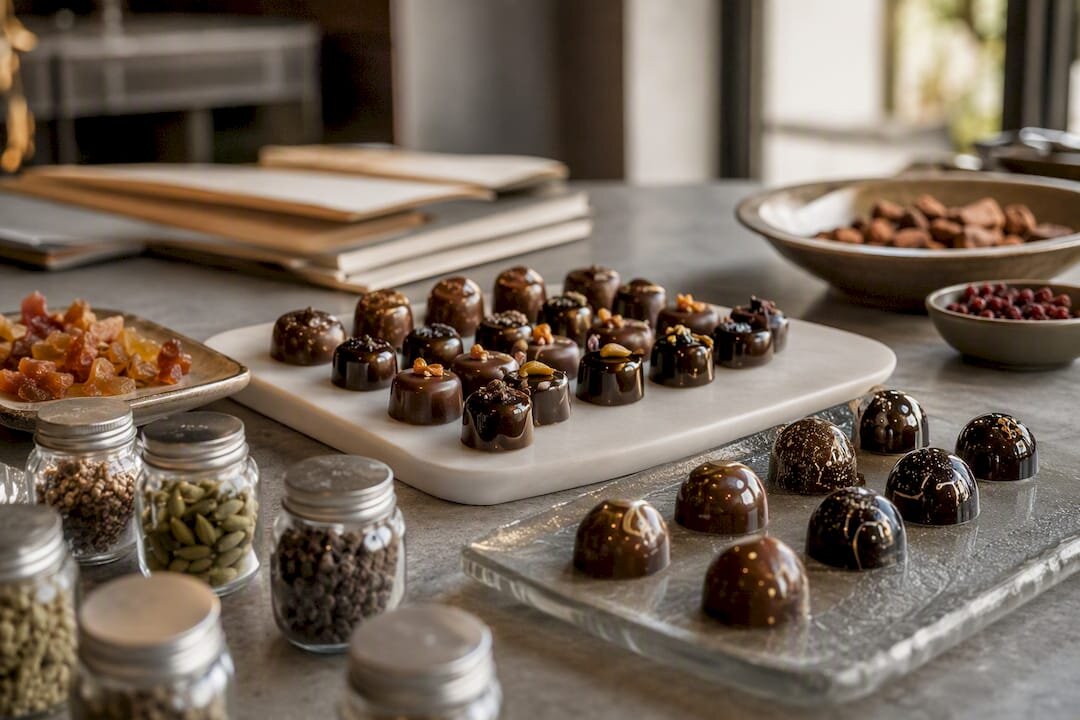 Surtido artístico y moderno de pralinés con los siguientes ingredientes