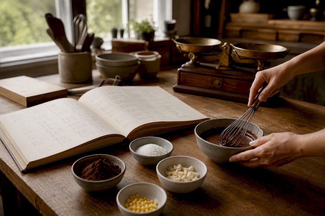 Escena de una fórmula técnica de repostería con ingredientes y un libro