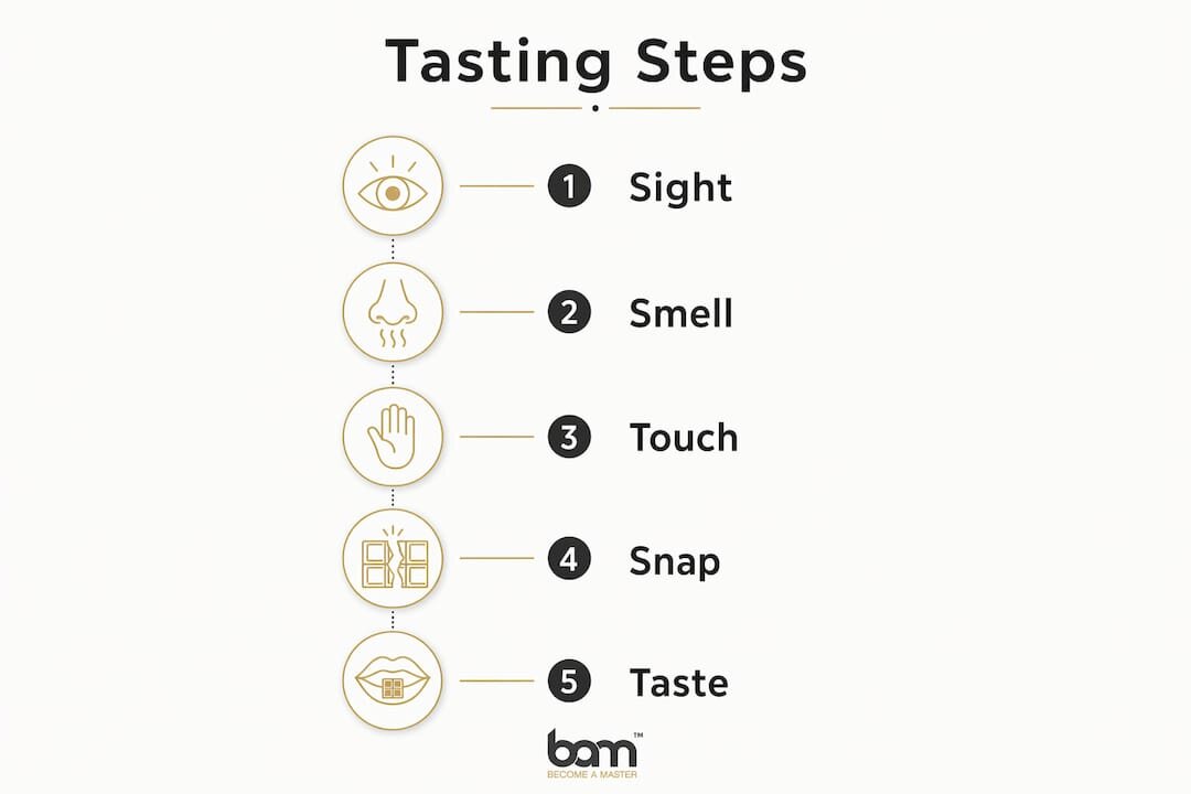 Infografía sobre el método de cata de chocolate en cinco pasos