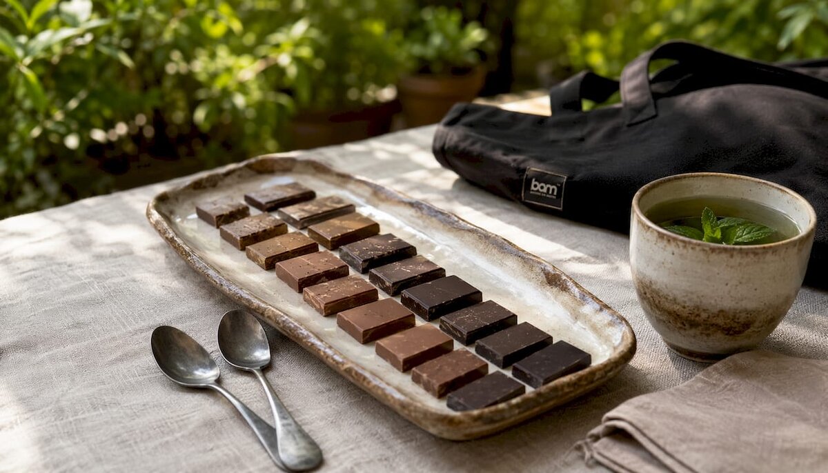 Primer plano de pastillas de chocolate para degustación, cortadas en porciones