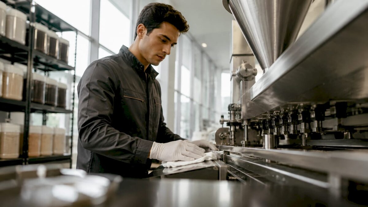 Manos que inspeccionan el equipo para la elaboración de chocolate sin frutos secos