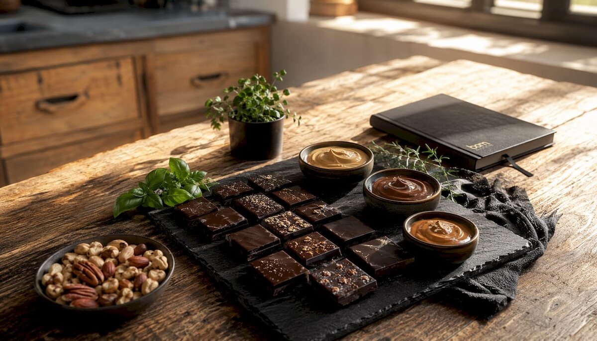Primer plano de cuadraditos de chocolate negro y mantequilla de frutos secos
