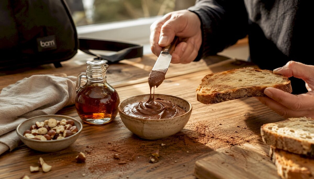 Untar chocolate con mantequilla de frutos secos en una tostada, de arriba abajo