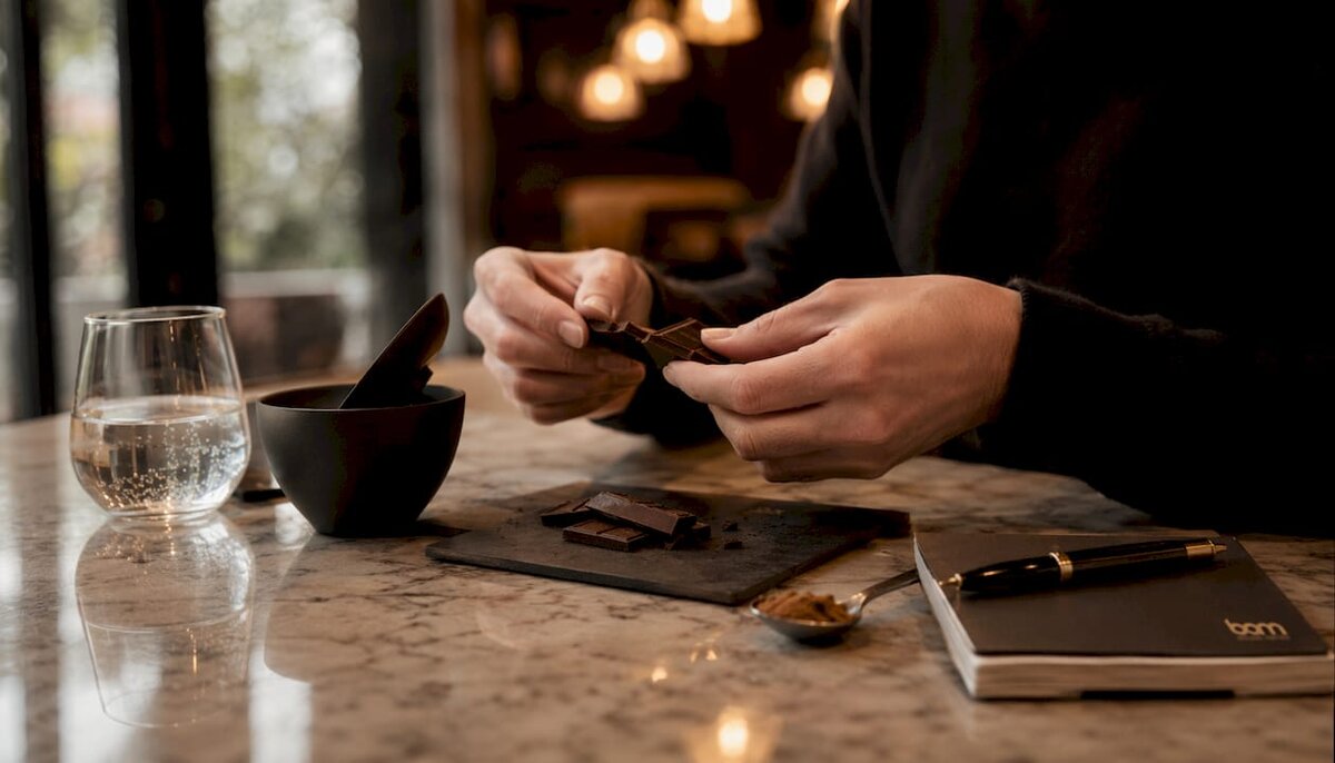 Manos partiendo chocolate para una evaluación sensorial