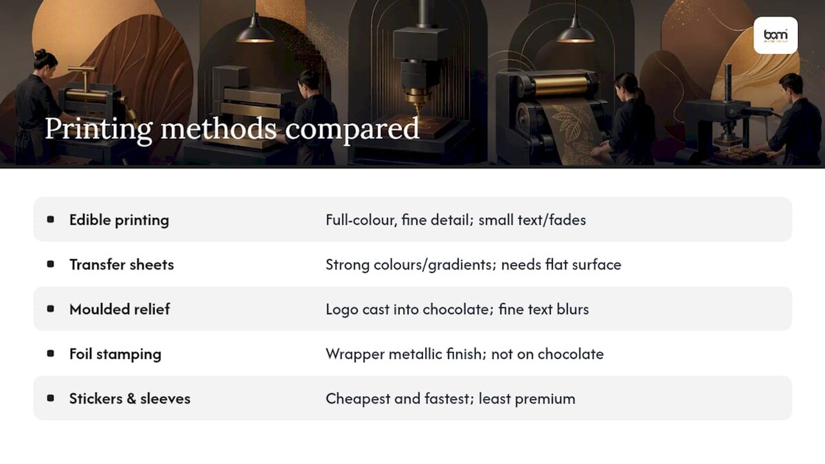Comparativa de cinco métodos de impresión de logotipos en chocolate