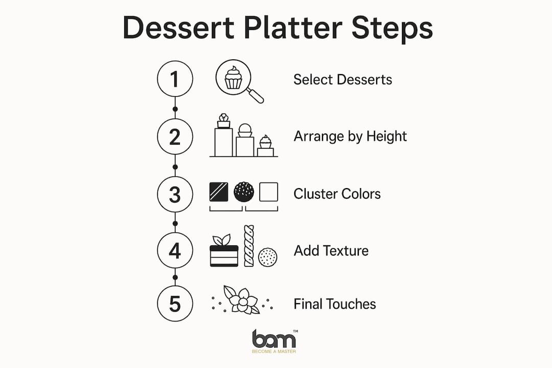 Infografía que ilustra los 5 pasos para montar una bandeja de postres