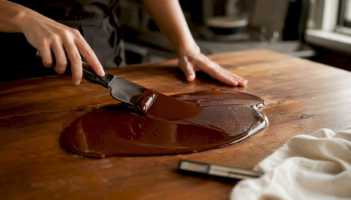 Manos templando chocolate sobre una losa
