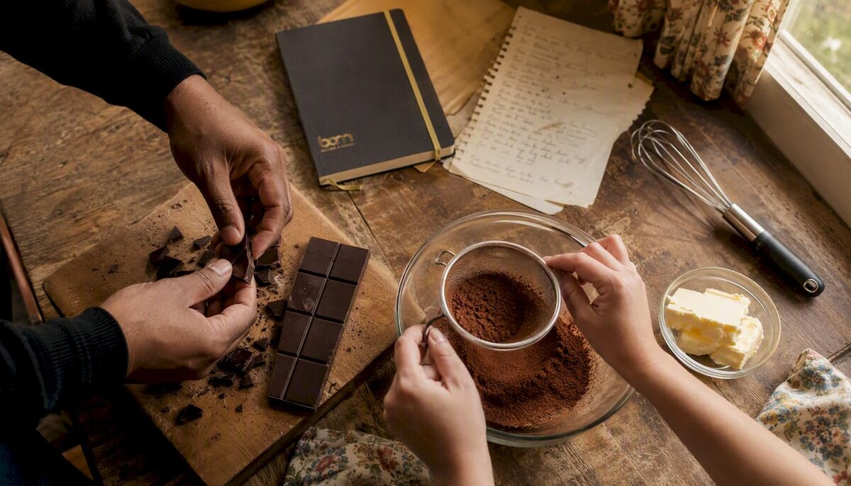 Manos preparando los ingredientes para hornear con chocolate negro