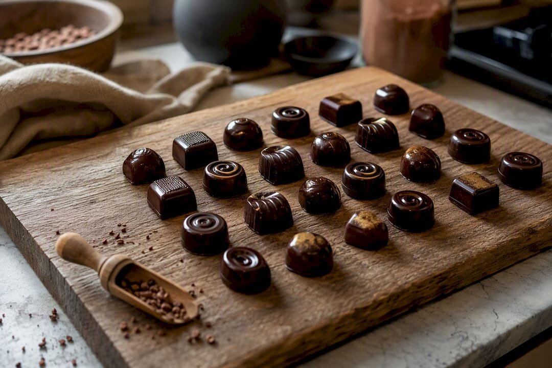 Pralines templados y brillantes sobre una tabla de madera