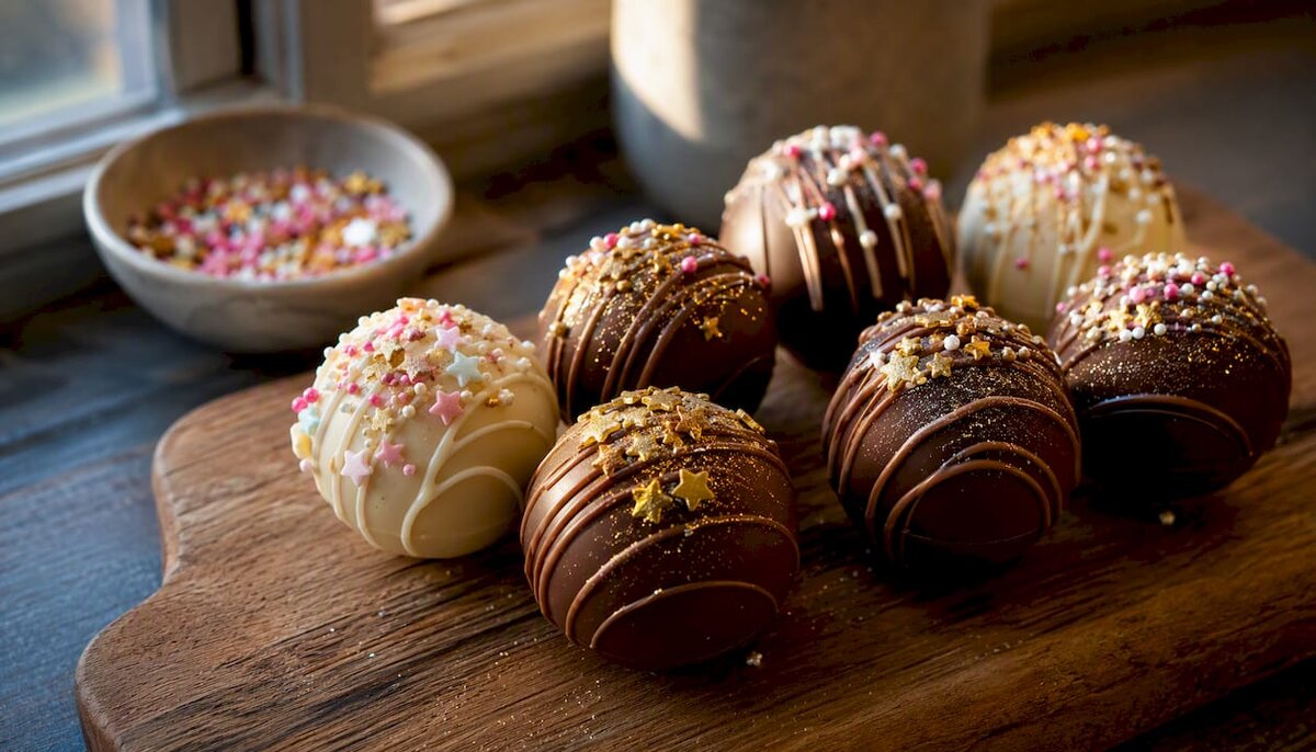 Bombas de chocolate caliente decoradas en un plato rústico