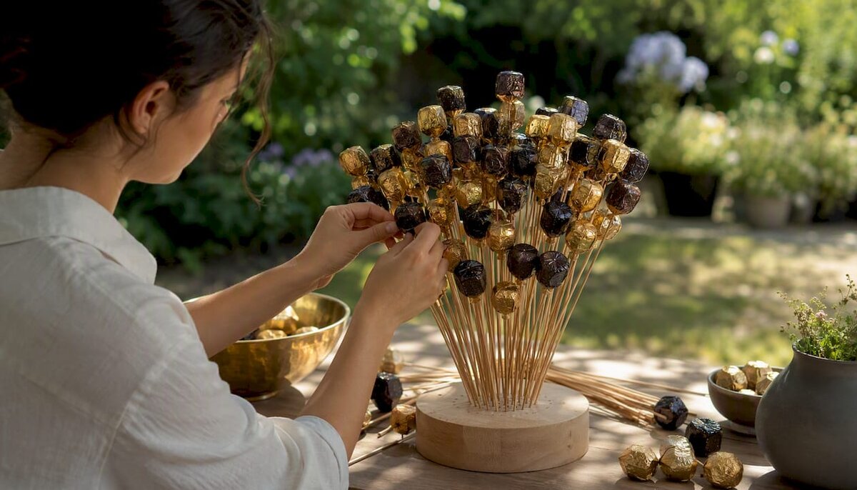Ramo de chocolate elaborado a mano sobre una base de espuma