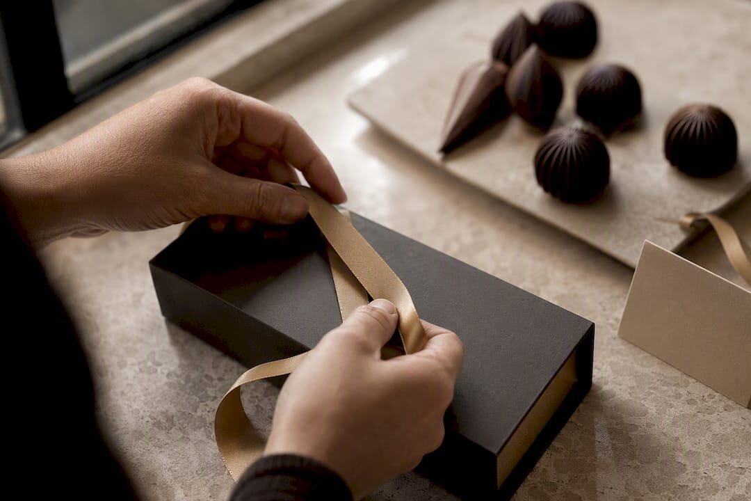 Manos atando un lazo en una caja de regalo de chocolate