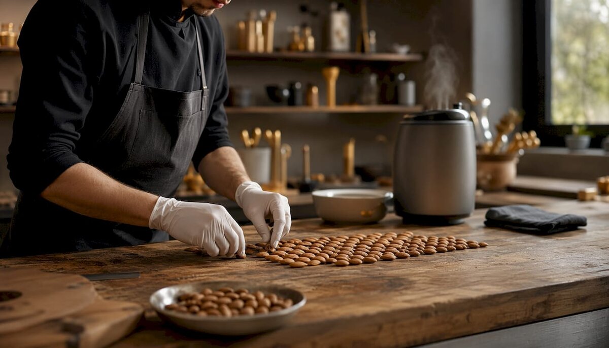 Manos preparando rellenos de almendra para recubrir con chocolate