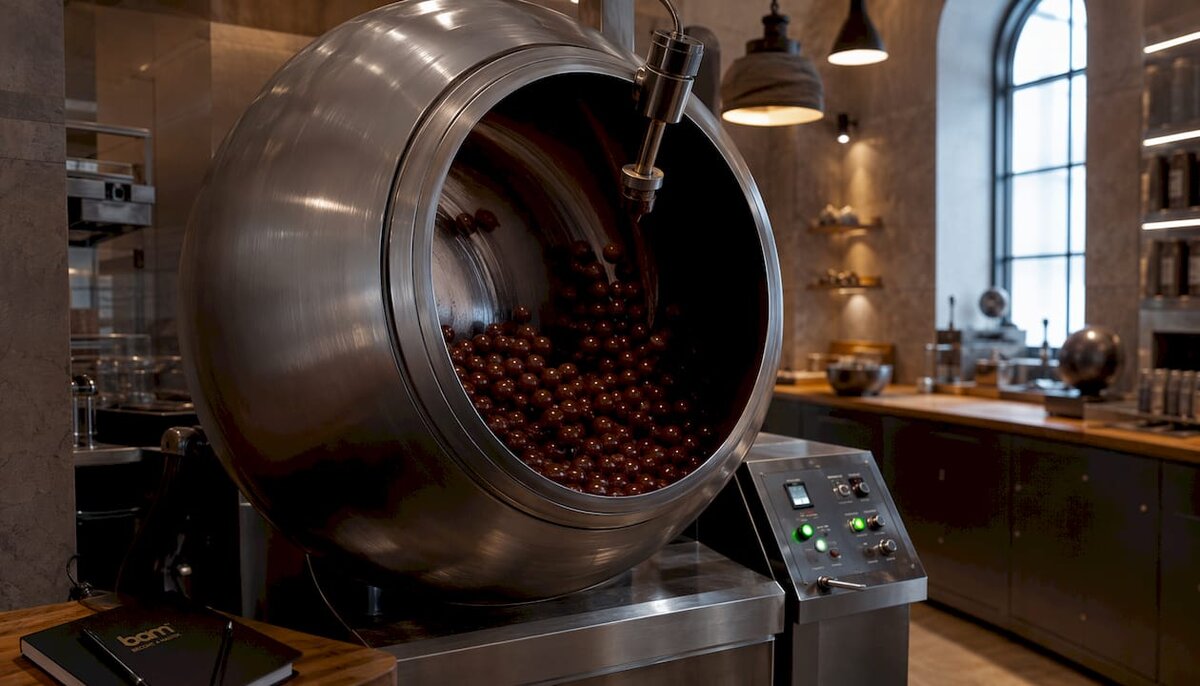 Tambor motorizado para el recubrimiento de chocolate en una cocina industrial