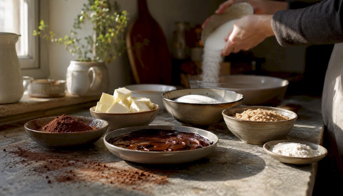 Ingredientes para repostería medidos sobre una mesa de madera