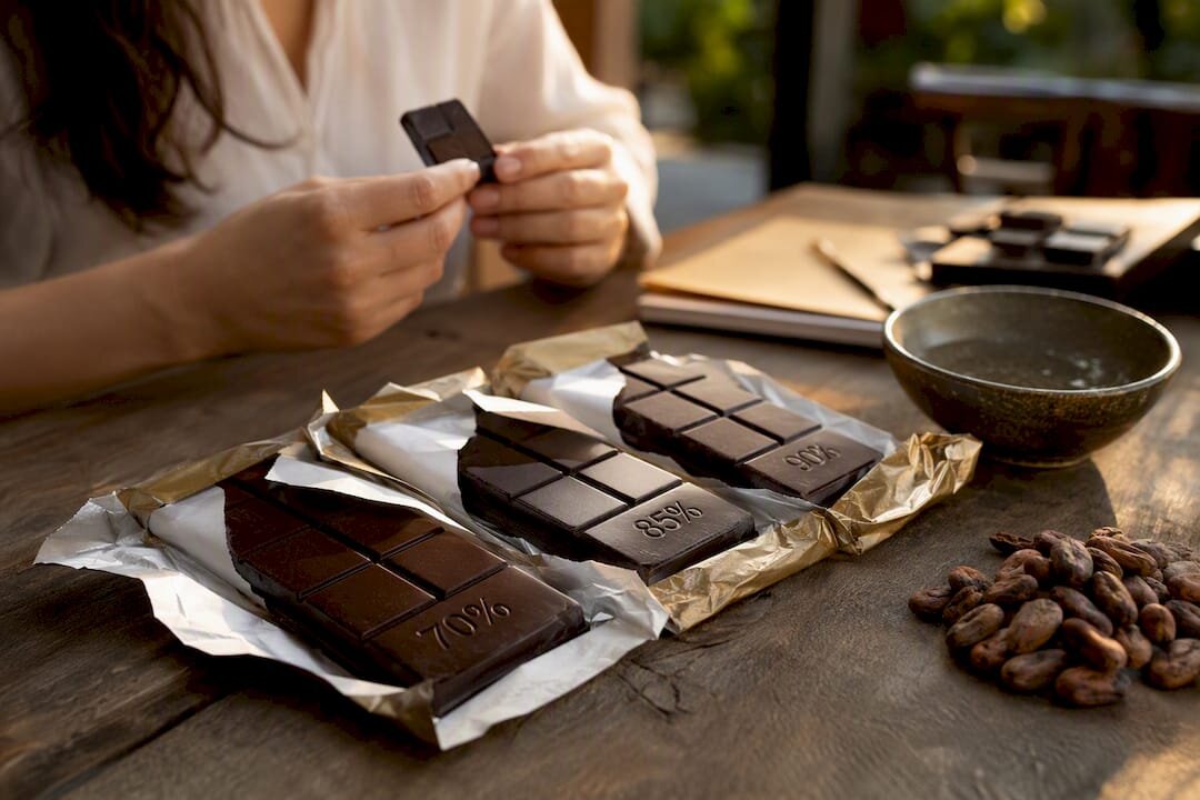 Tabletas de chocolate de origen único y granos de cacao