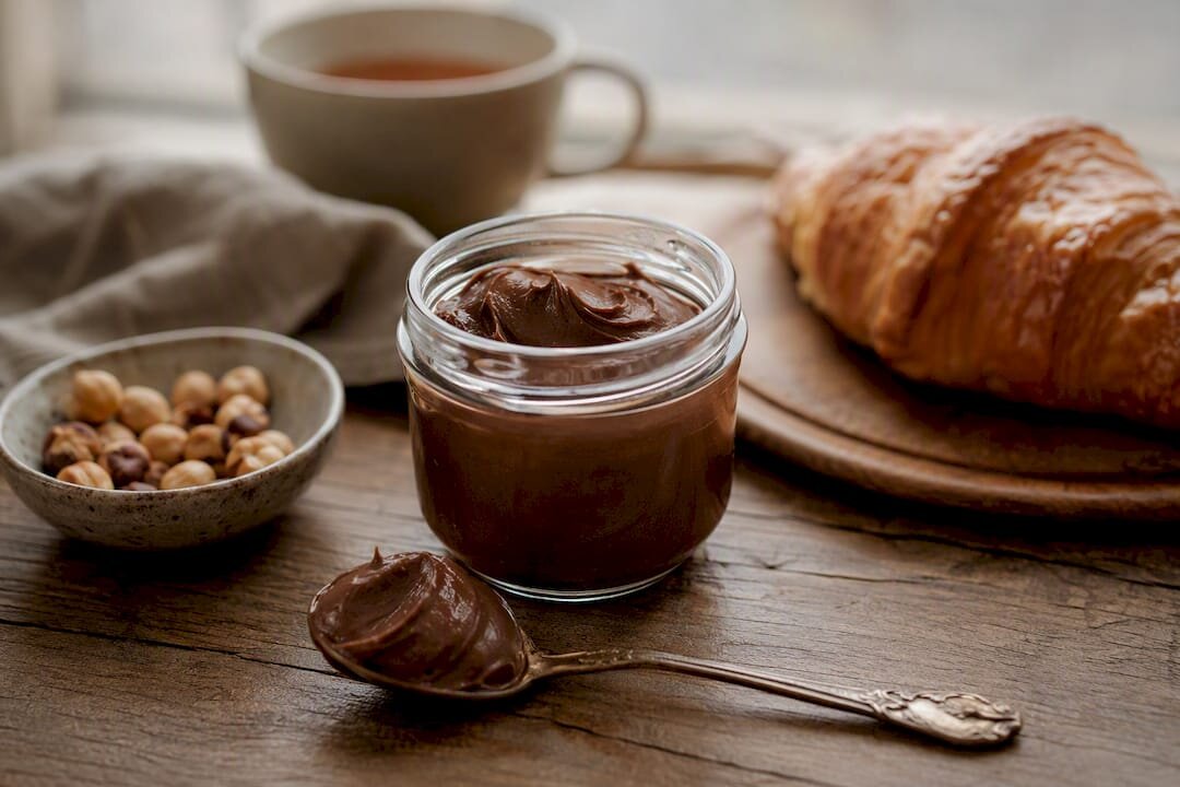 Tarro de gianduja de avellanas con cucharita y croissant
