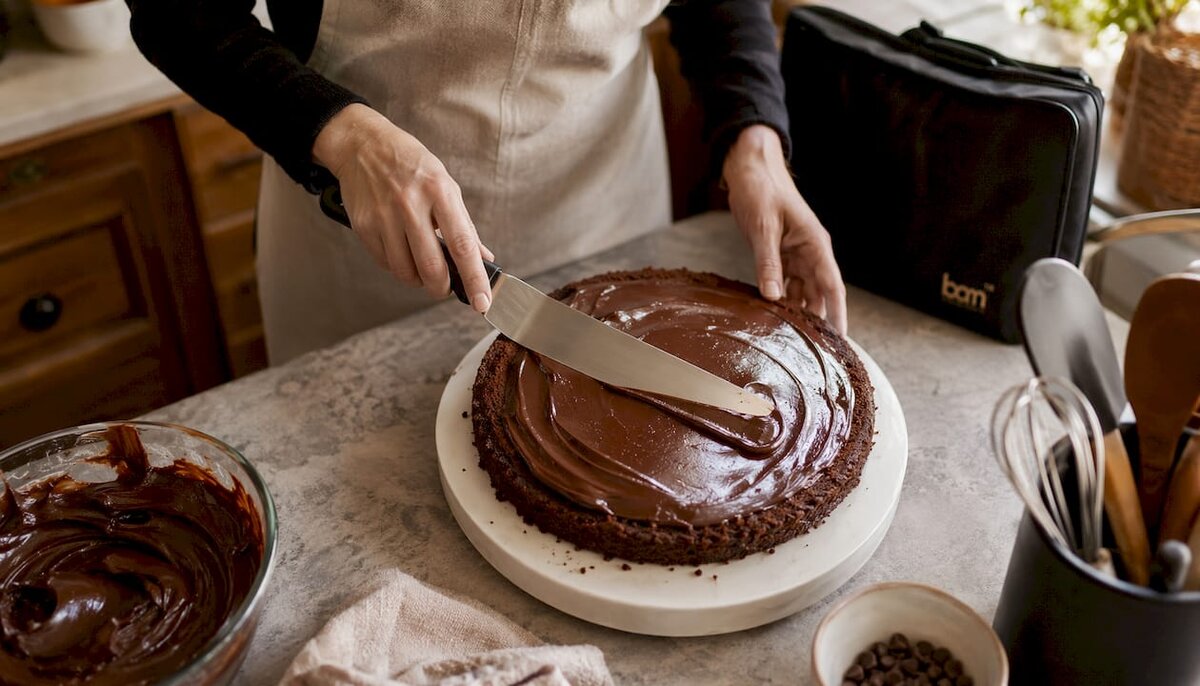 Primer plano de unas manos untando ganache sobre una capa de tarta