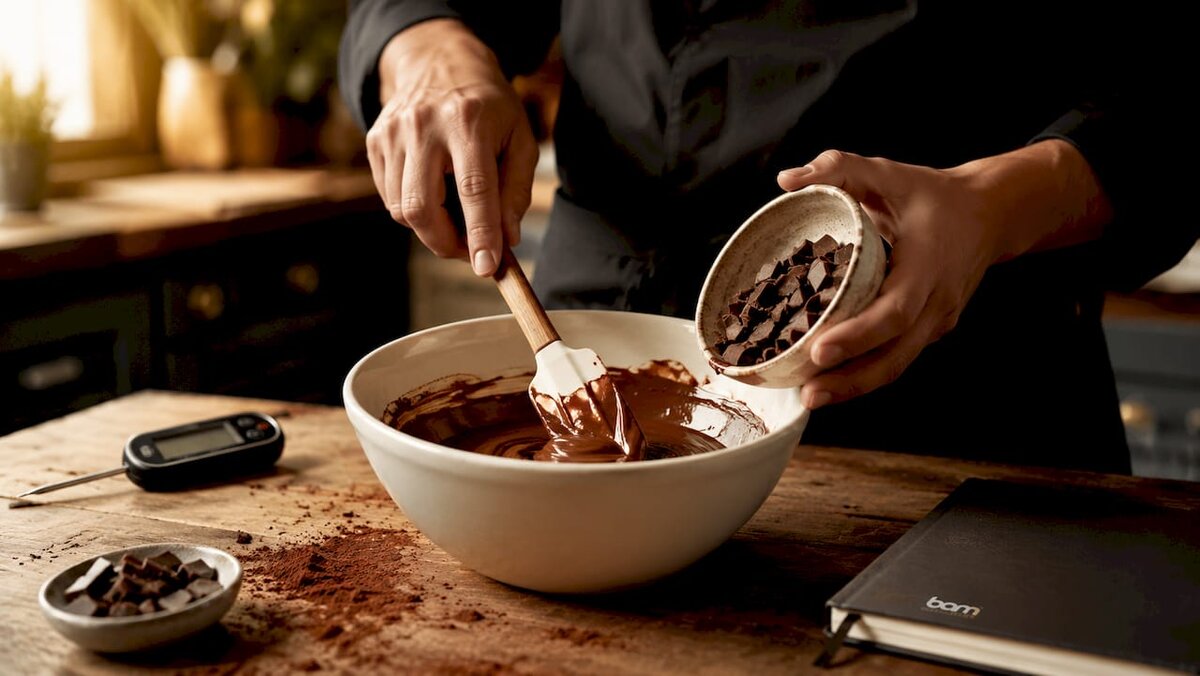 Manos vertiendo chocolate derretido en un bol