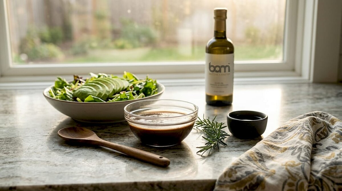 Cuenco de cristal con un sabroso aliño de chocolate para ensalada, acompañado de una ensalada fresca