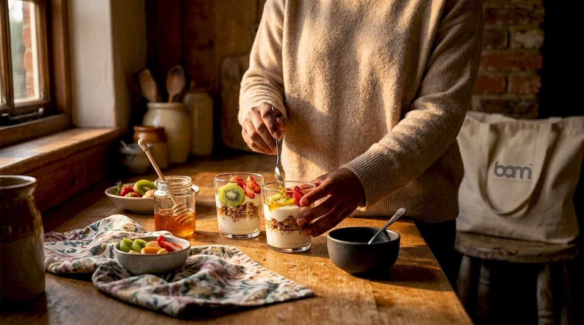 Manos colocando capas en vasitos de parfait de postre sin azúcar