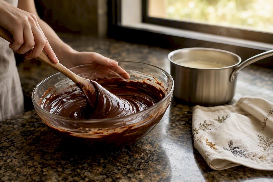 Ganache de chocolate de cobertura brillante en un cuenco