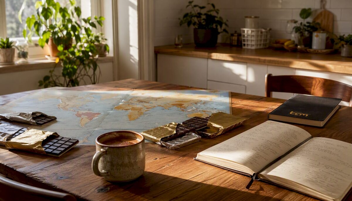 Tabletas de chocolate y un mapa de los orígenes del cacao sobre la mesa de centro