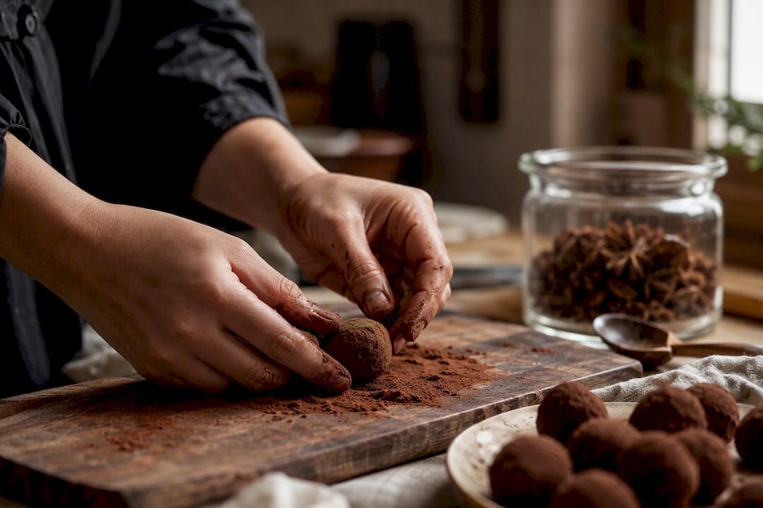 Manos enrollando una trufa en cacao en polvo