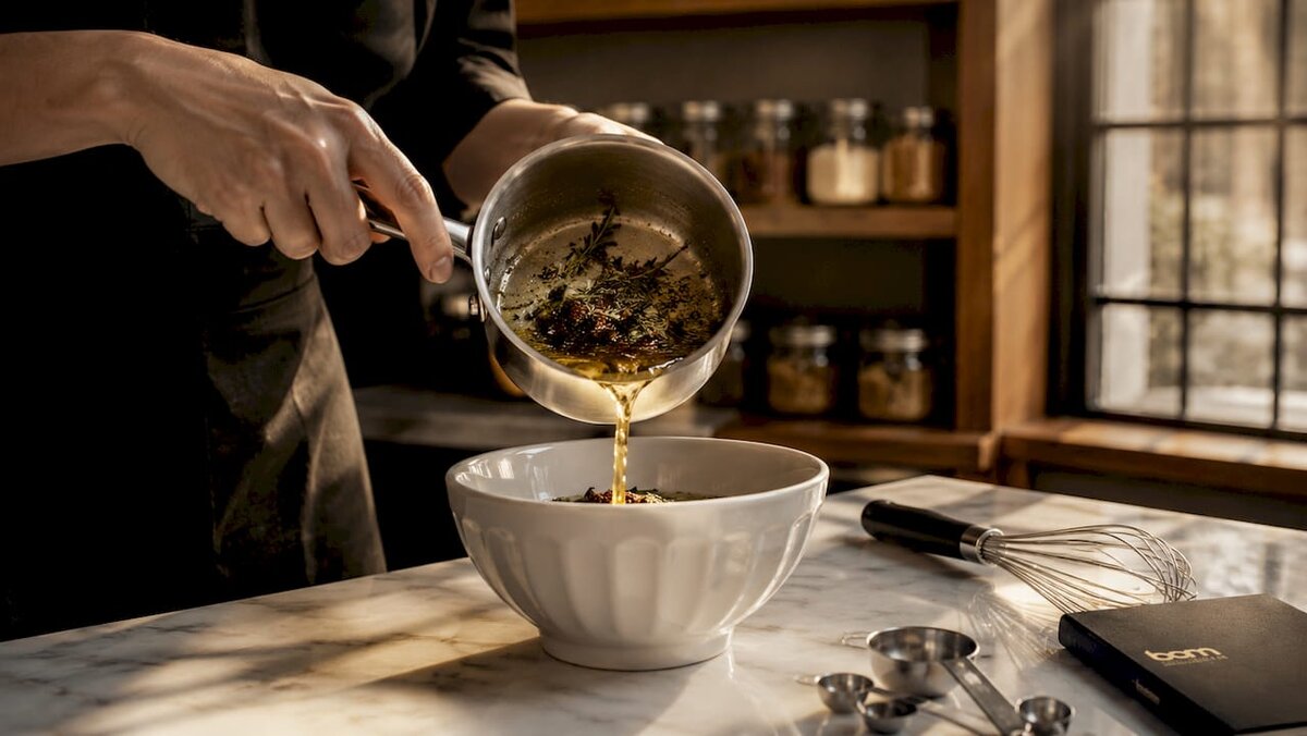 Manos sosteniendo una infusión de ingredientes exóticos en la cocina del laboratorio