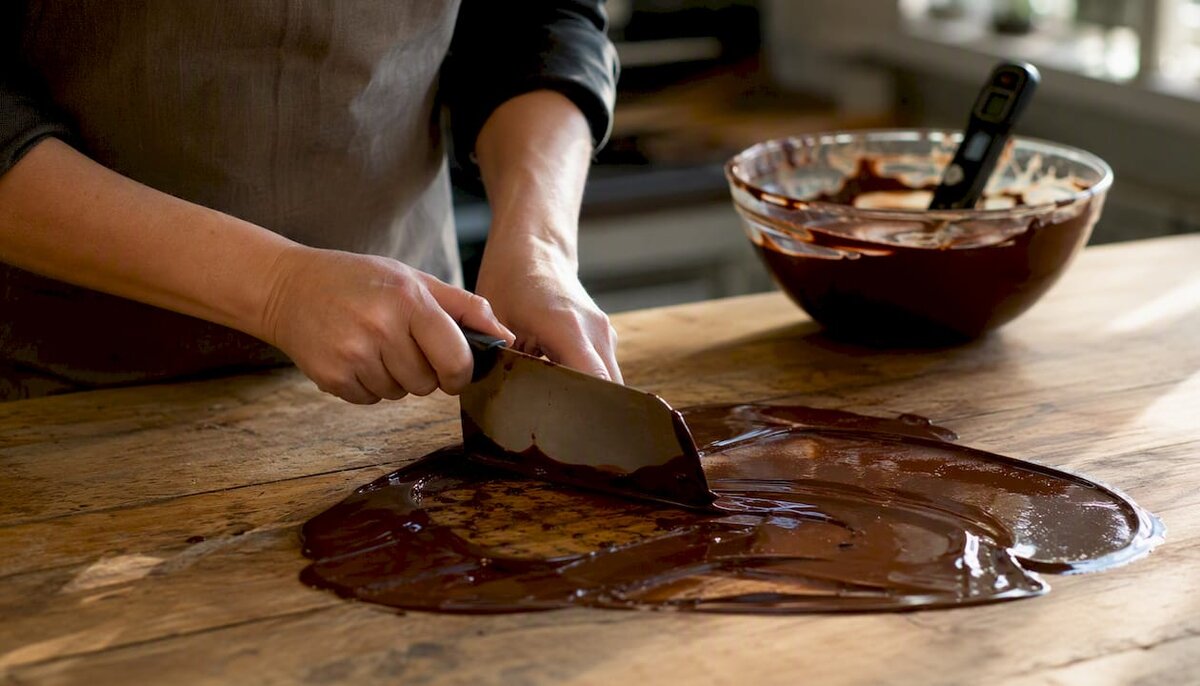 Manos templando chocolate sobre una losa de mármol