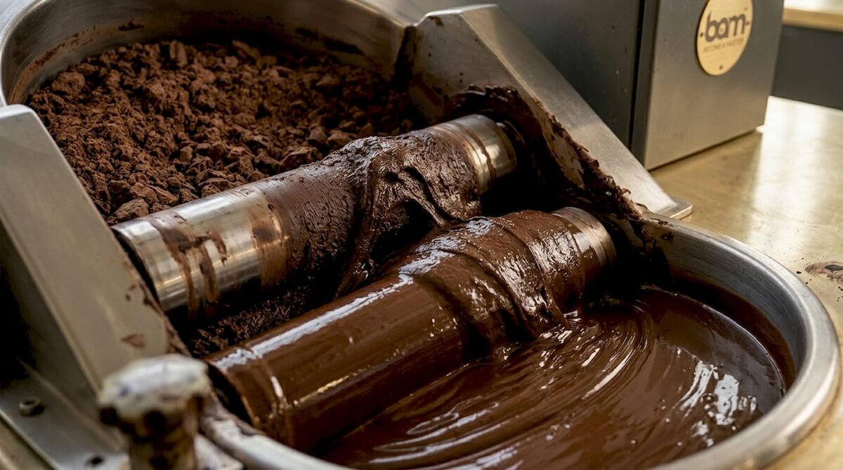 Primer plano del chocolate en las distintas fases de la máquina de conchado