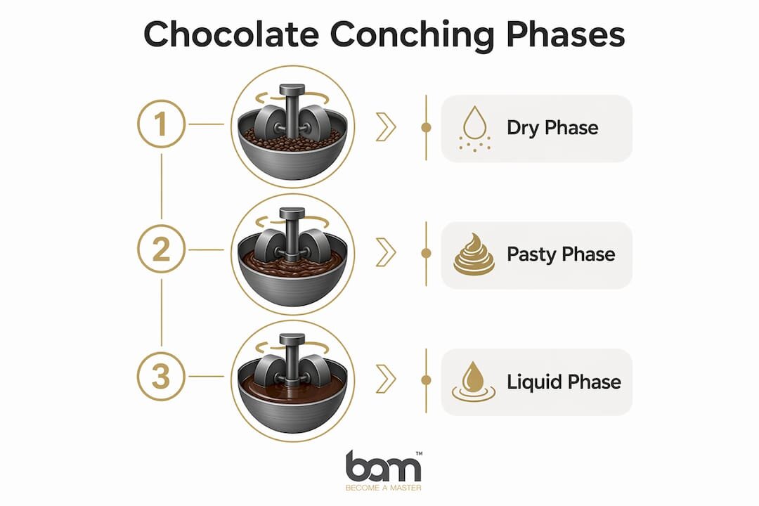 Infografía que ilustra las tres fases del conchado del chocolate